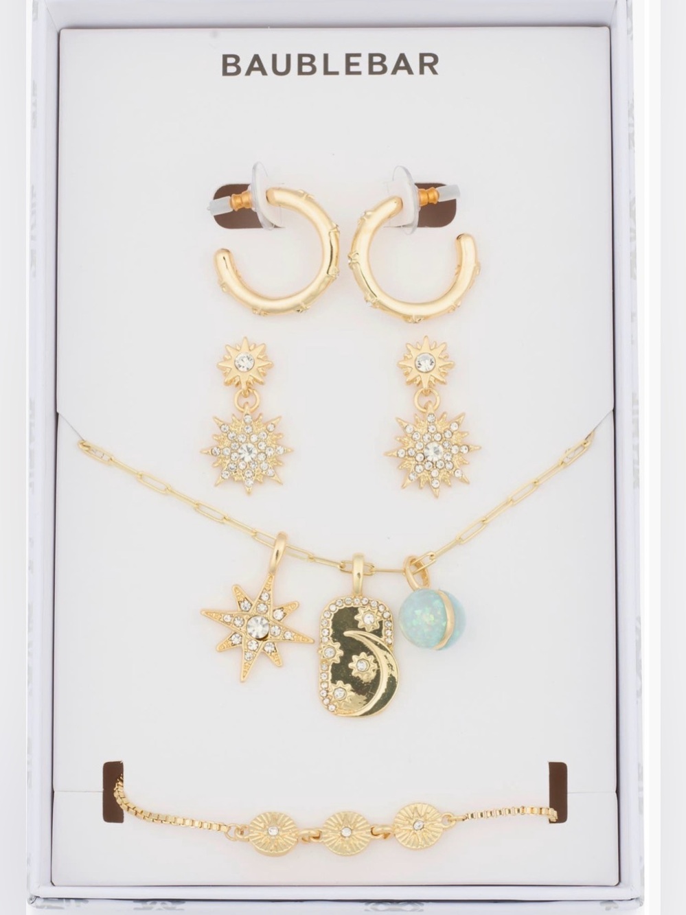 BaubleBar Gold Crystal Starburst & Opal Charm Necklace Set